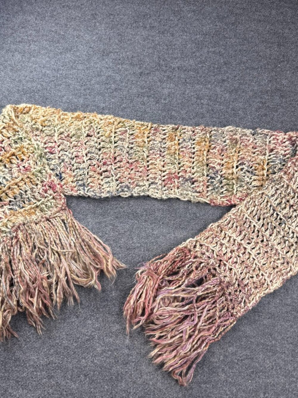 Vintage Hand Knit Crochet Fringe Scarf Chunky Boho Multicolor Open Weave 62x8"